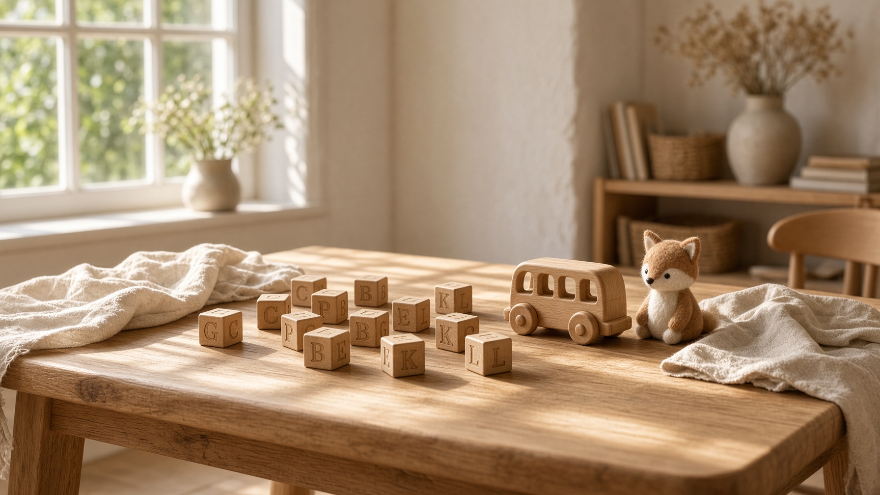 Wooden alphabet blocks on a sunlit table